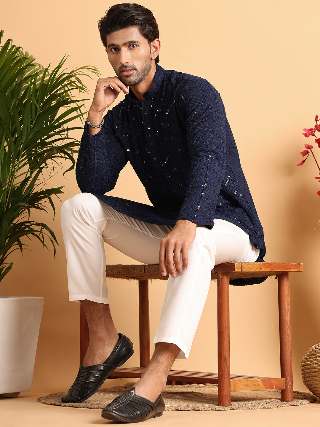 DesiQlo Men Embroidered Kurta Only - Blue - KO_5125Navy_S