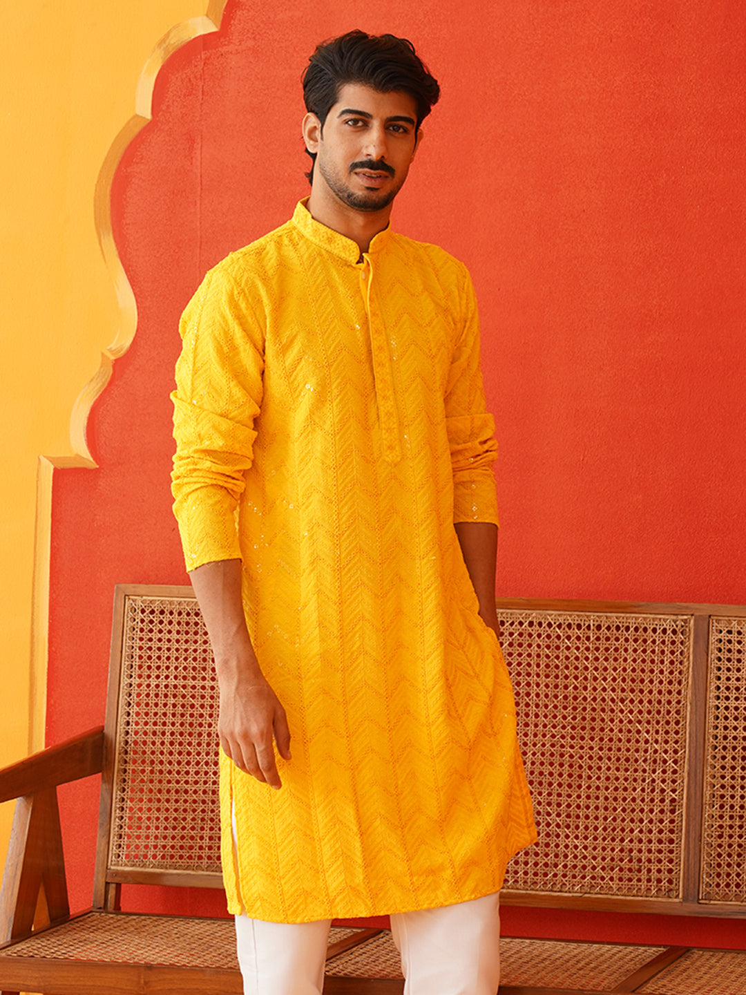 DesiQlo Men Embroidered Kurta Only - Yellow - KO_5125Yellow_S