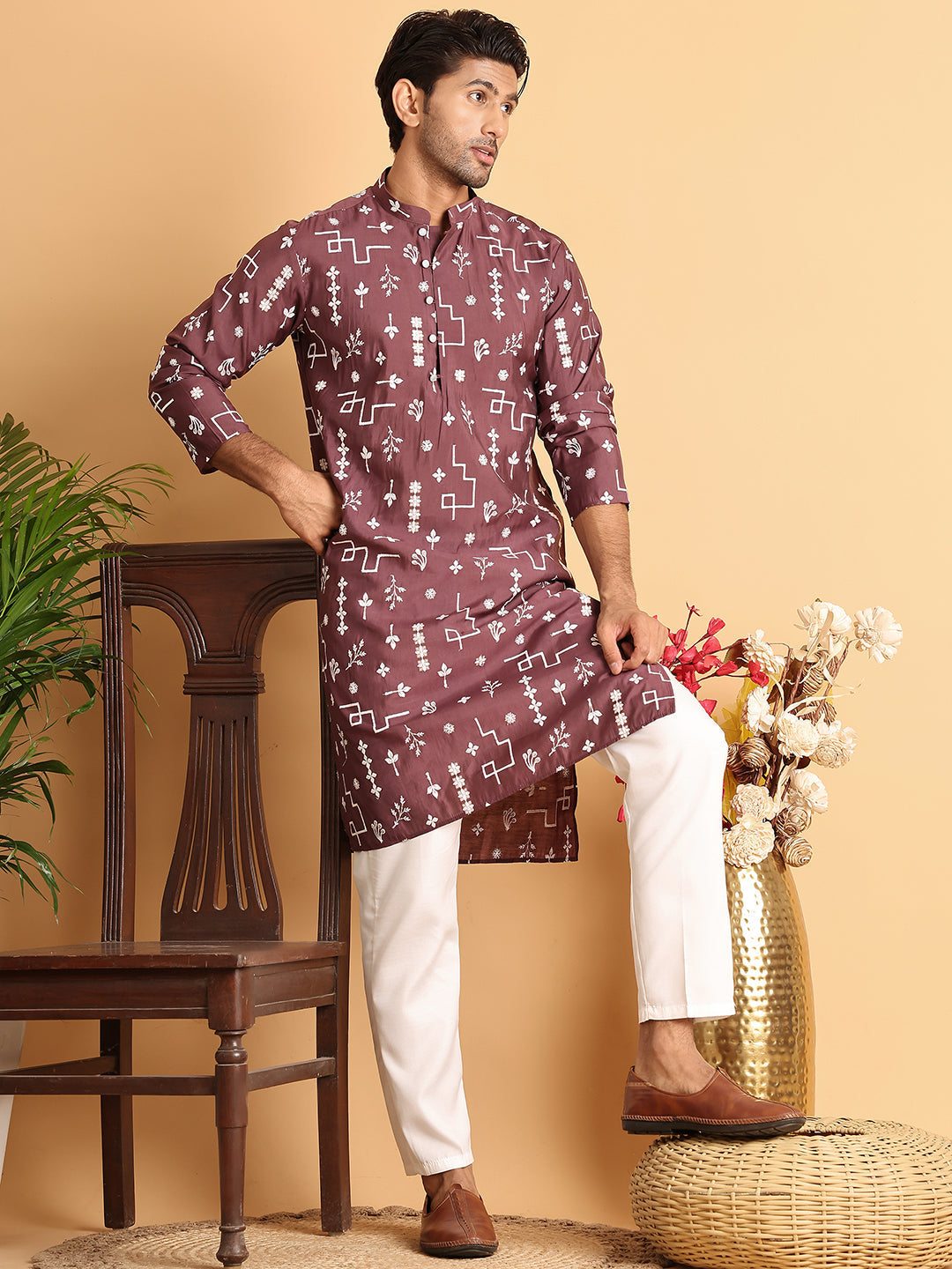 Embroidered Silk Blend Straight Kurta. ( KO 5126Brown ) [FF] [F8]