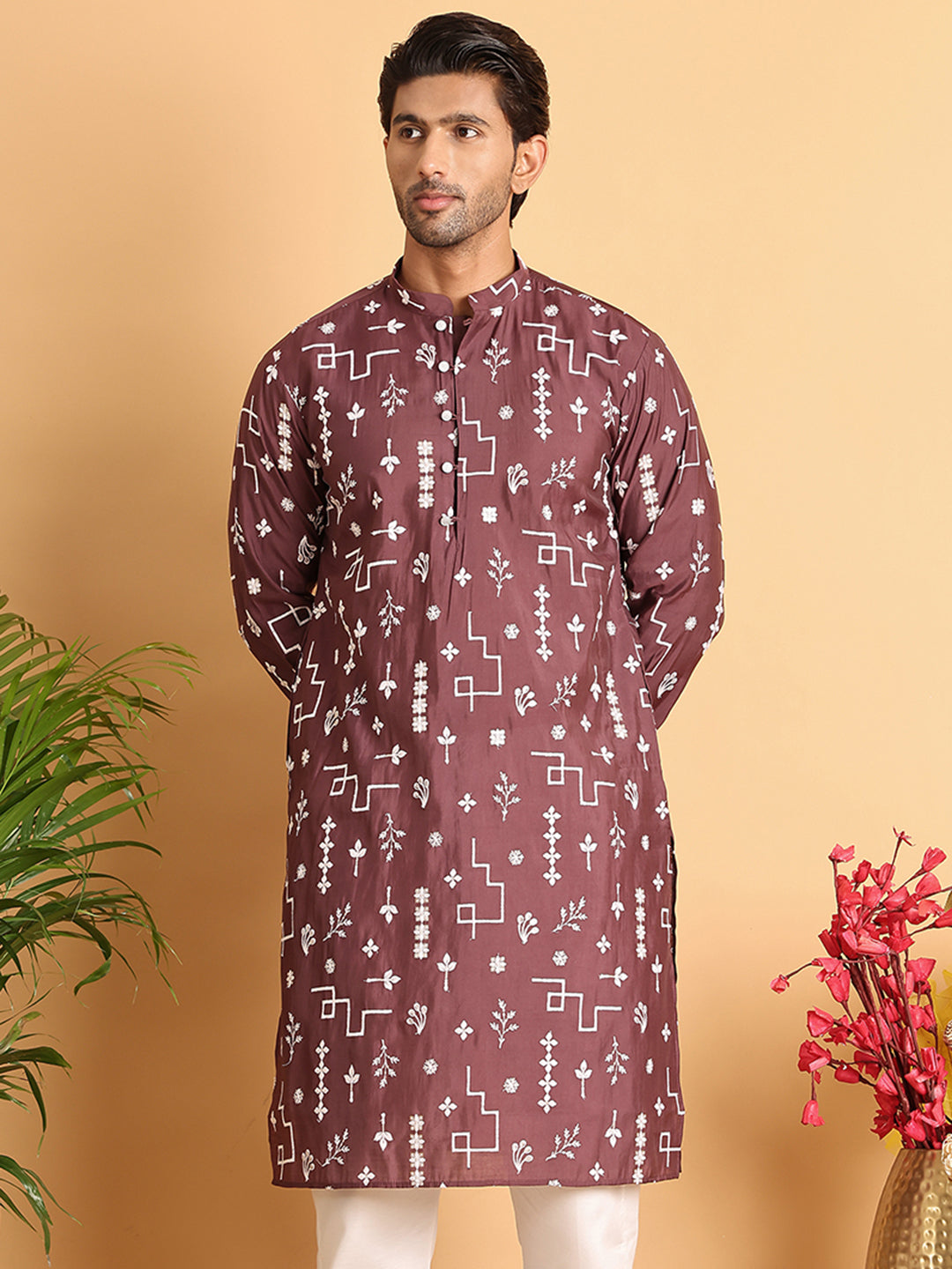 DesiQlo Men Embroidered Kurta Only - Brown - KO_5126Brown_S