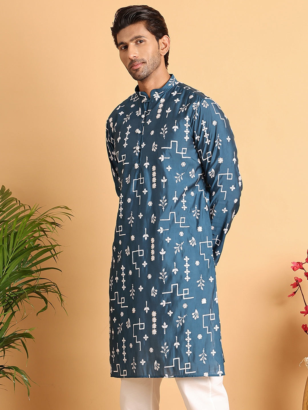 DesiQlo Men Embroidered Kurta Only - Multicolor - KO_5126Peacock_S