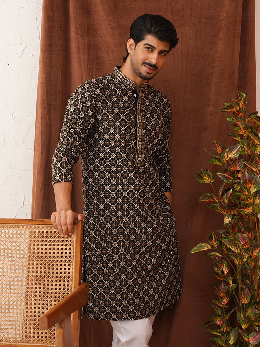 DesiQlo Men Embroidered Kurta Only - Black - KO_5127Black_S