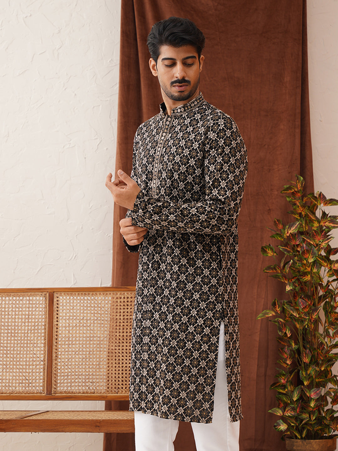 DesiQlo Men Embroidered Kurta Only - Black - KO_5127Black_S