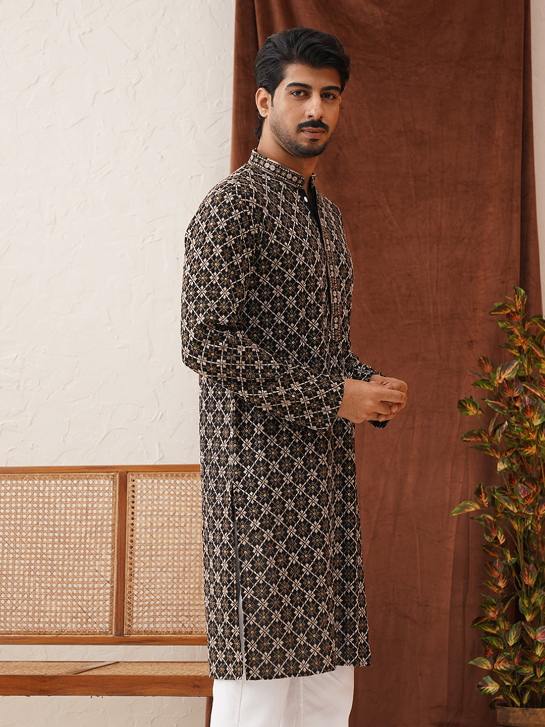 DesiQlo Men Embroidered Kurta Only - Black - KO_5127Black_S