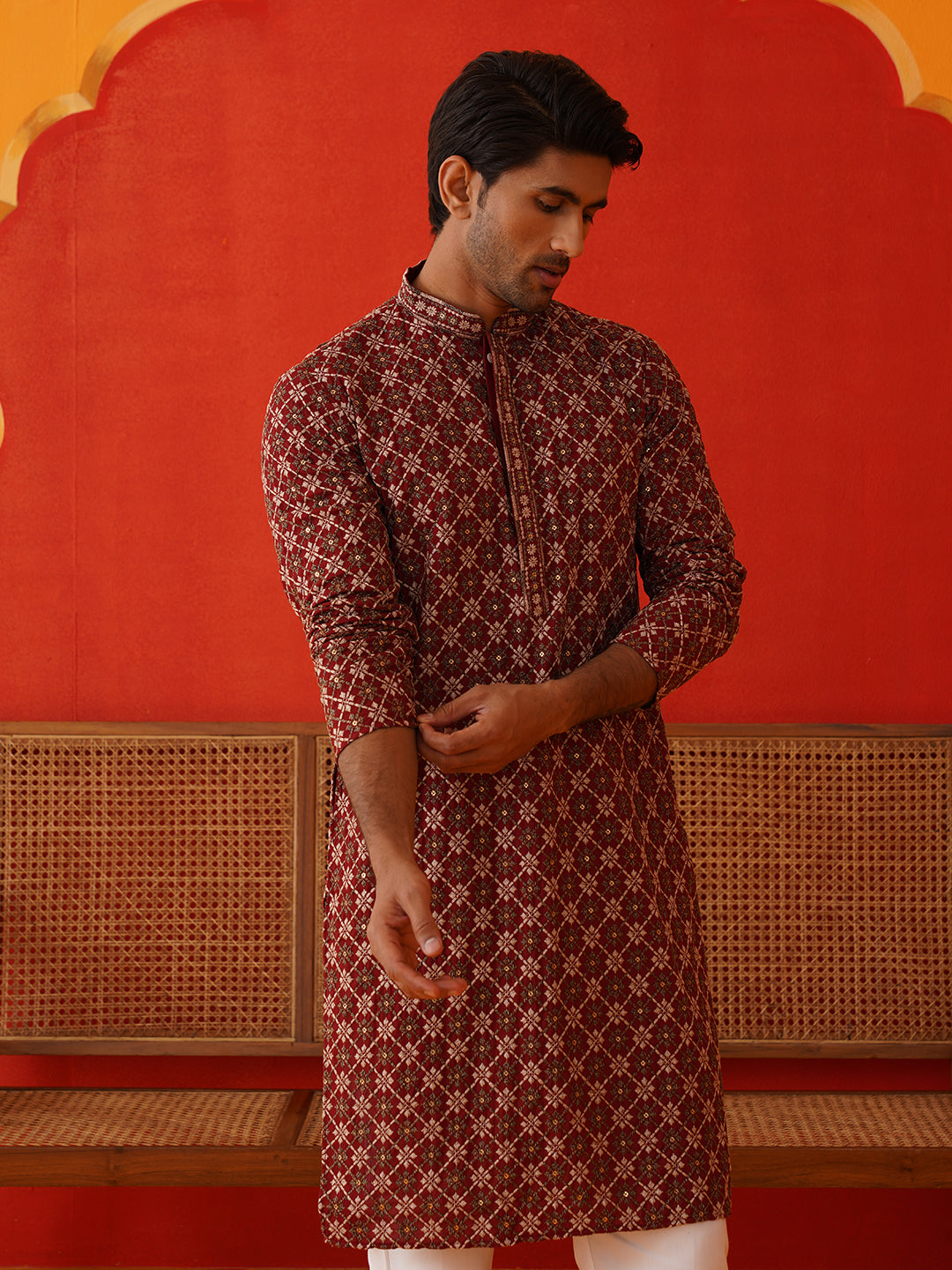 Embroidered Kurtas For Men ( KO 5127Maroon ) [FF] [O-1-4]