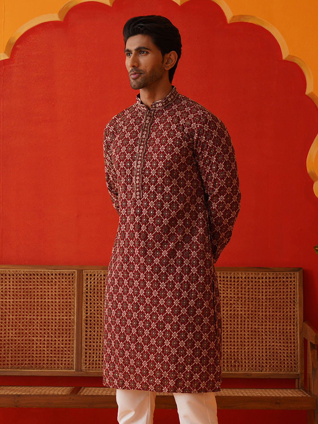 DesiQlo Men Embroidered Kurta Only - Maroon - KO_5127Maroon_S