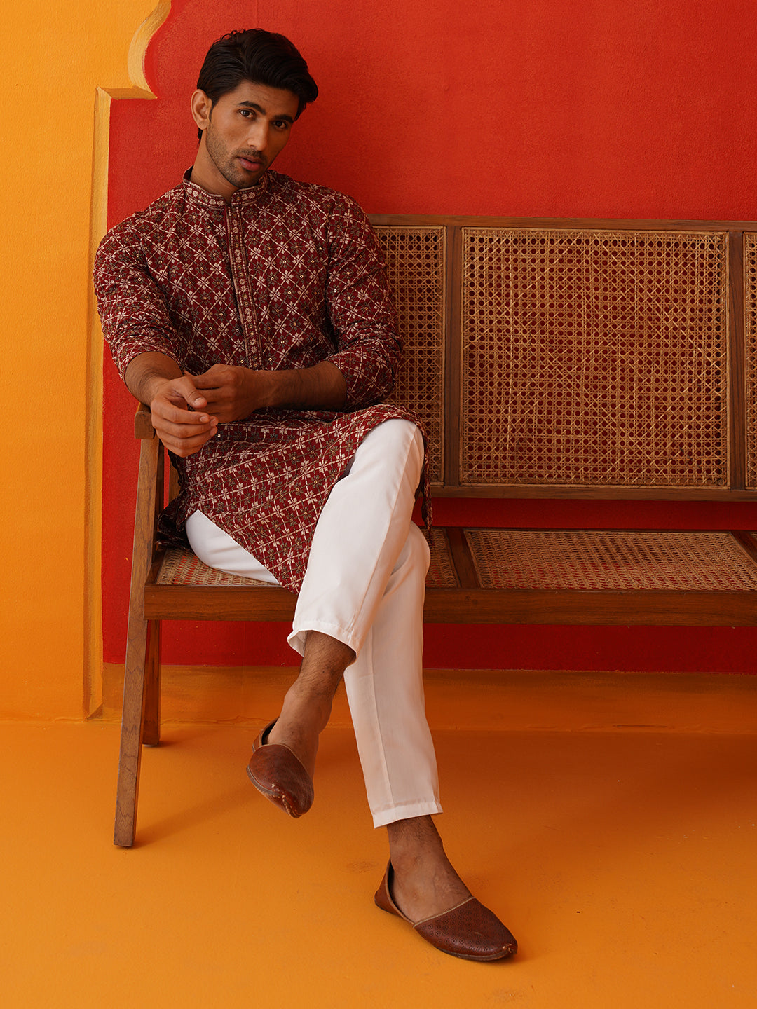 DesiQlo Men Embroidered Kurta Only - Maroon - KO_5127Maroon_S