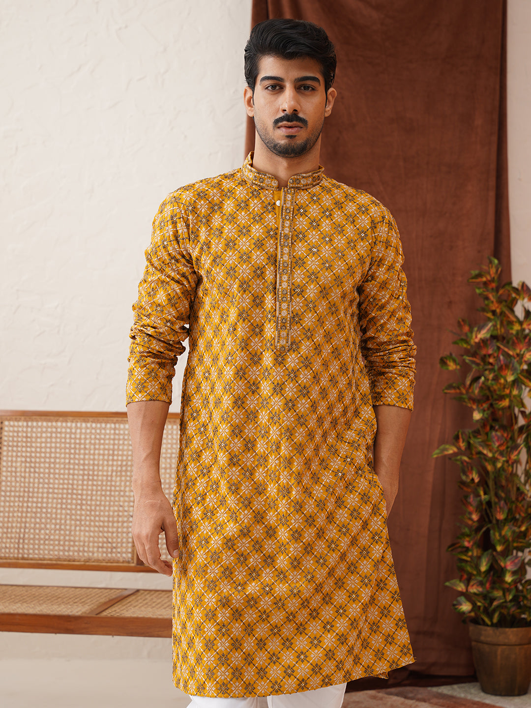 Embroidered Kurtas For Men ( KO 5127Mustard ) [FF] [O-1-4]