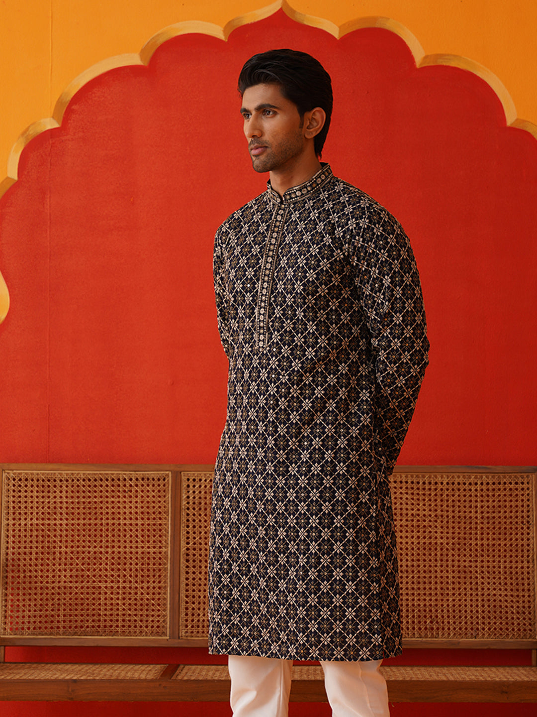 DesiQlo Men Embroidered Kurta Only - Blue - KO_5127Navy_S