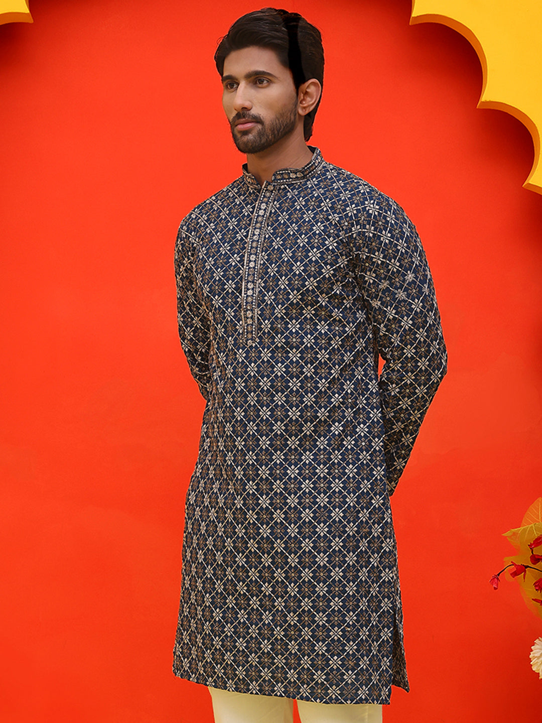 DesiQlo Men Geometric Kurta Only - Multicolor - KO_5127Peacock_S