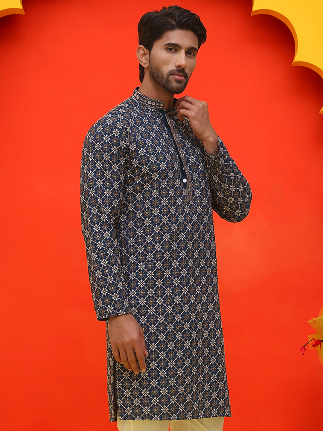 DesiQlo Men Geometric Kurta Only - Multicolor - KO_5127Peacock_S