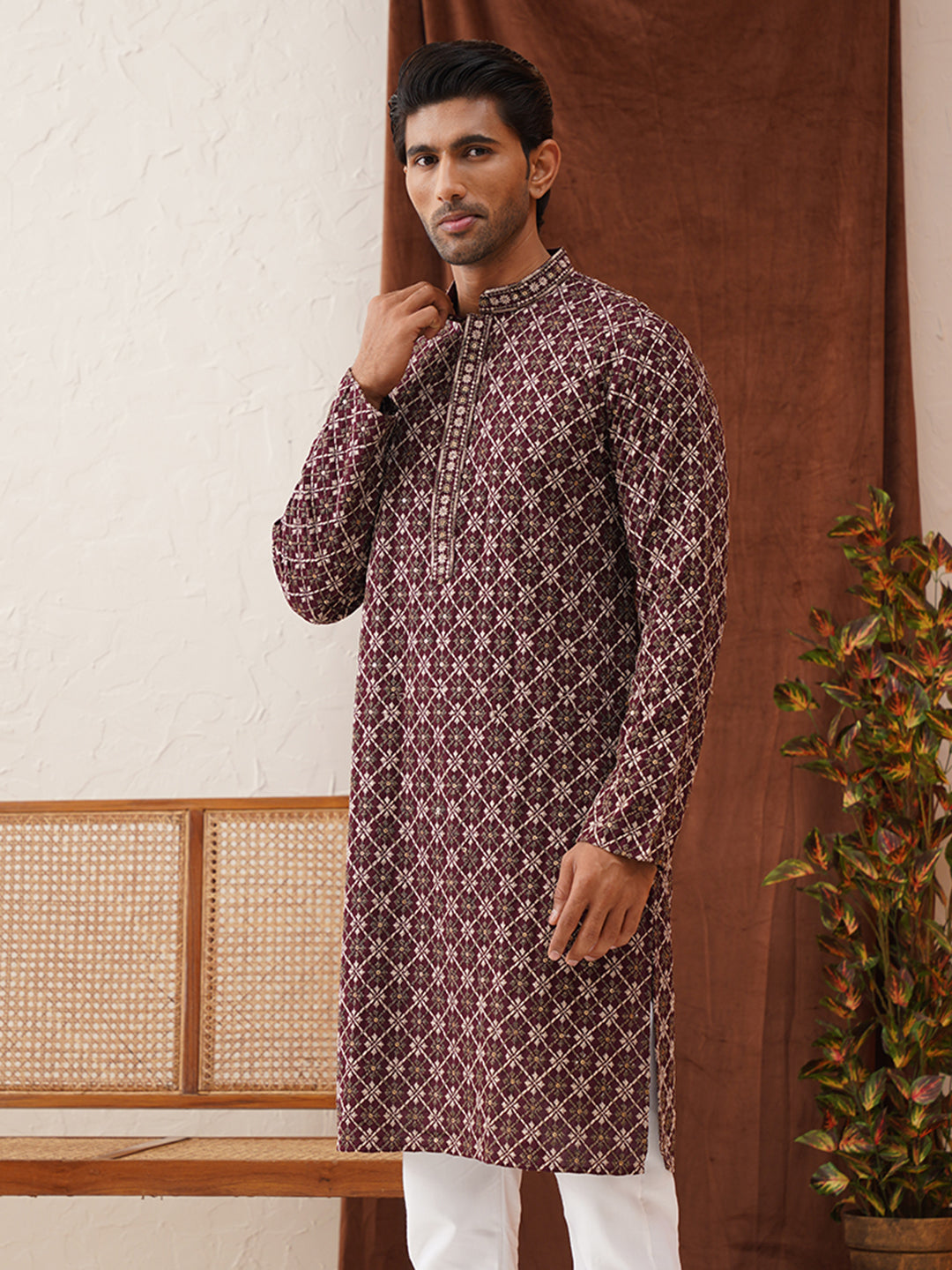 DesiQlo Men Embroidered Kurta Only - Purple - KO_5127Purple_S