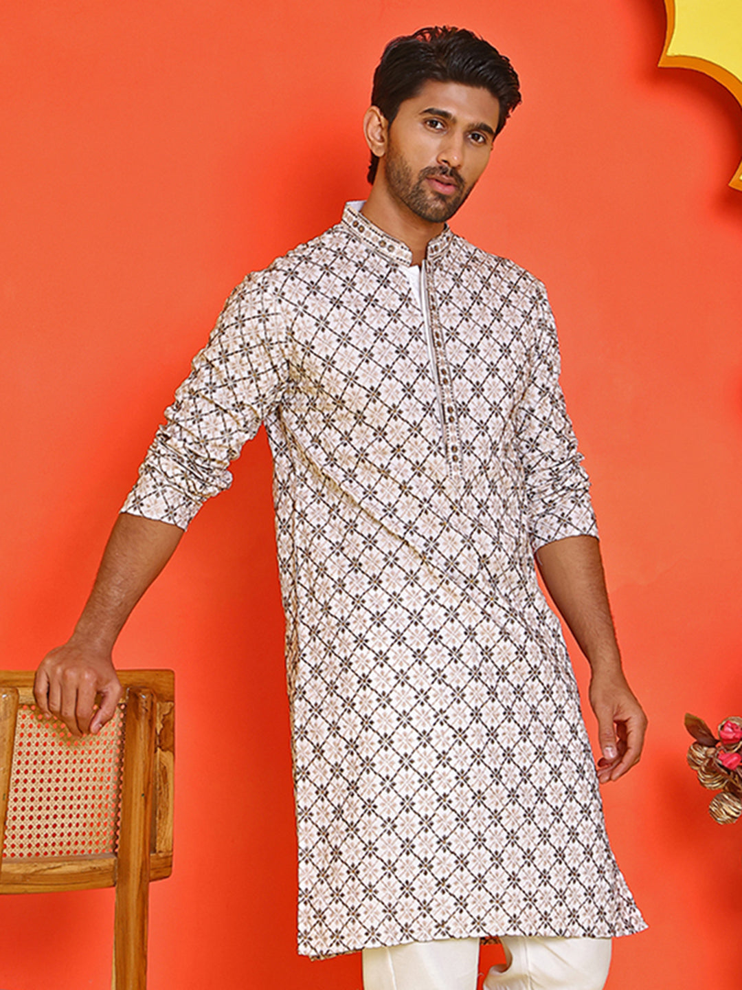 DesiQlo Men Embroidered Kurta Only - White - KO_5127White_S