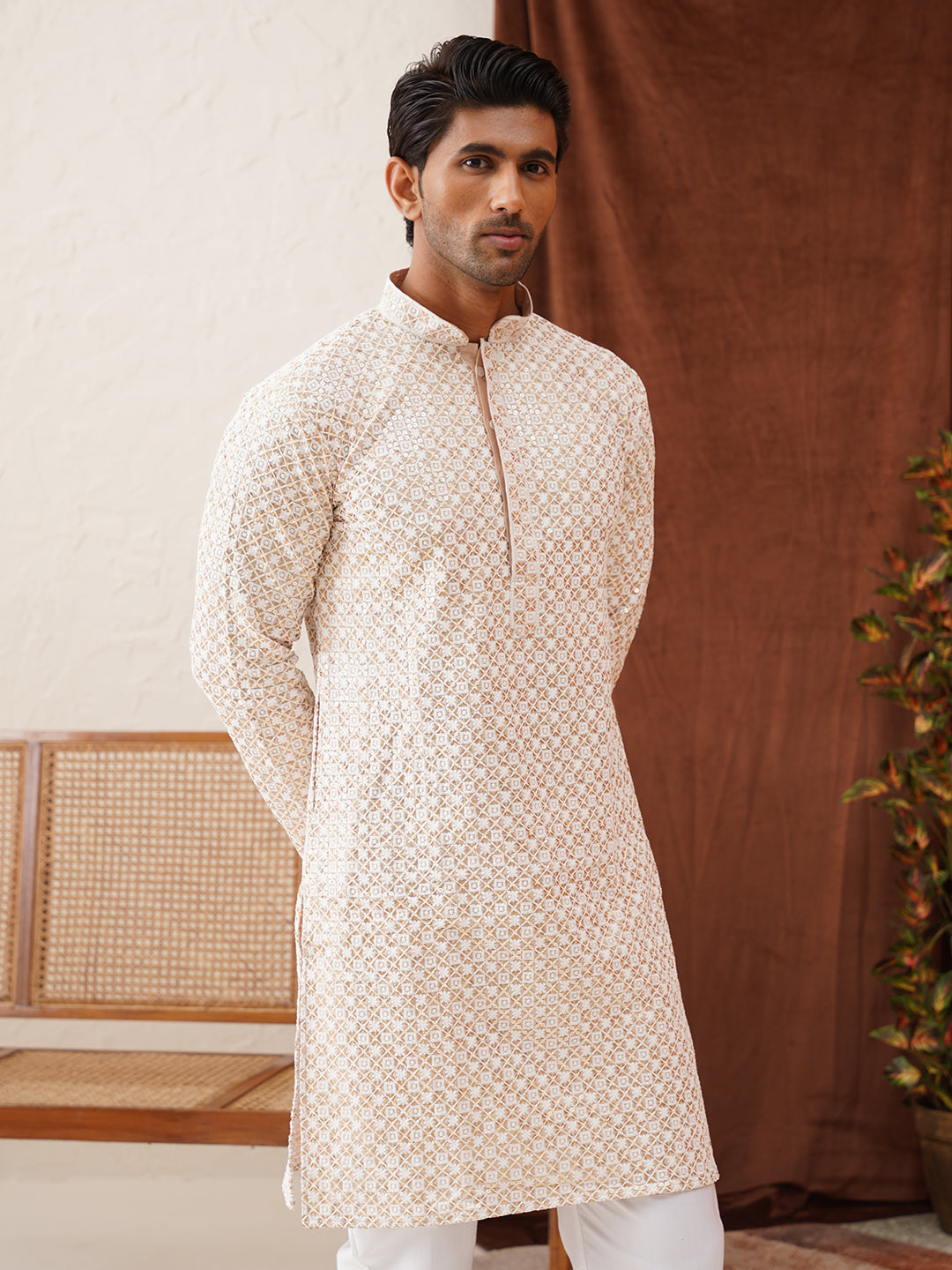 DesiQlo Men Embroidered Kurta Only - Beige - KO_5128Beige_S