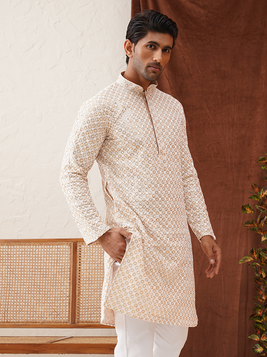 DesiQlo Men Embroidered Kurta Only - Beige - KO_5128Beige_S