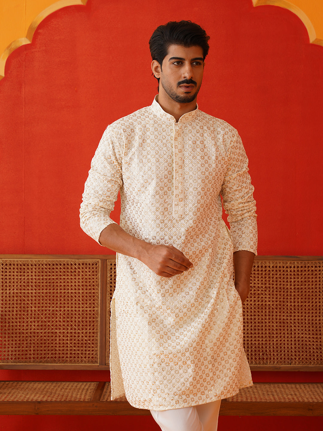 DesiQlo Men Embroidered Kurta Only - Beige - KO_5128Cream_S