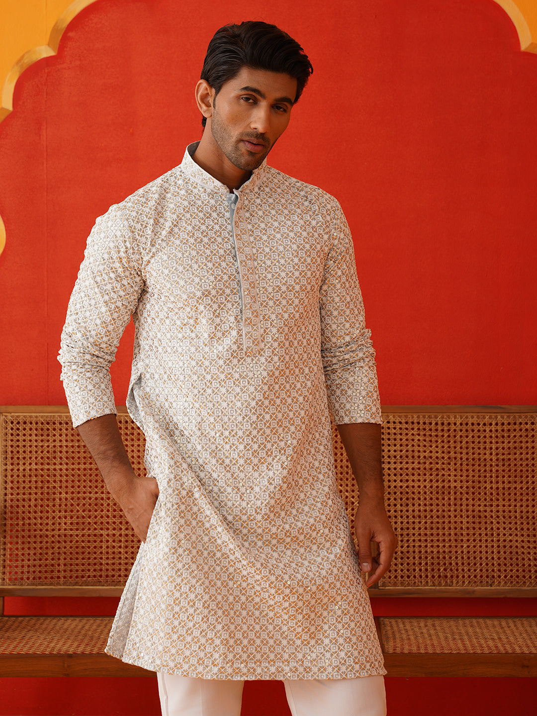 DesiQlo Men Embroidered Kurta Only - Grey - KO_5128Grey_S