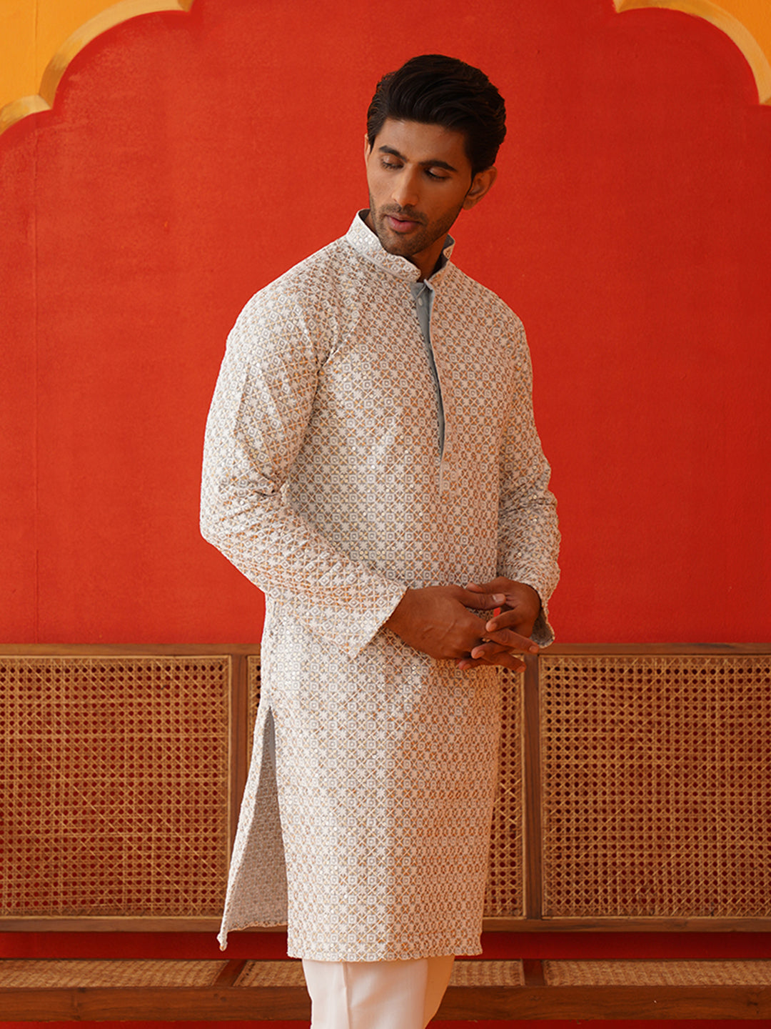 DesiQlo Men Embroidered Kurta Only - Grey - KO_5128Grey_S