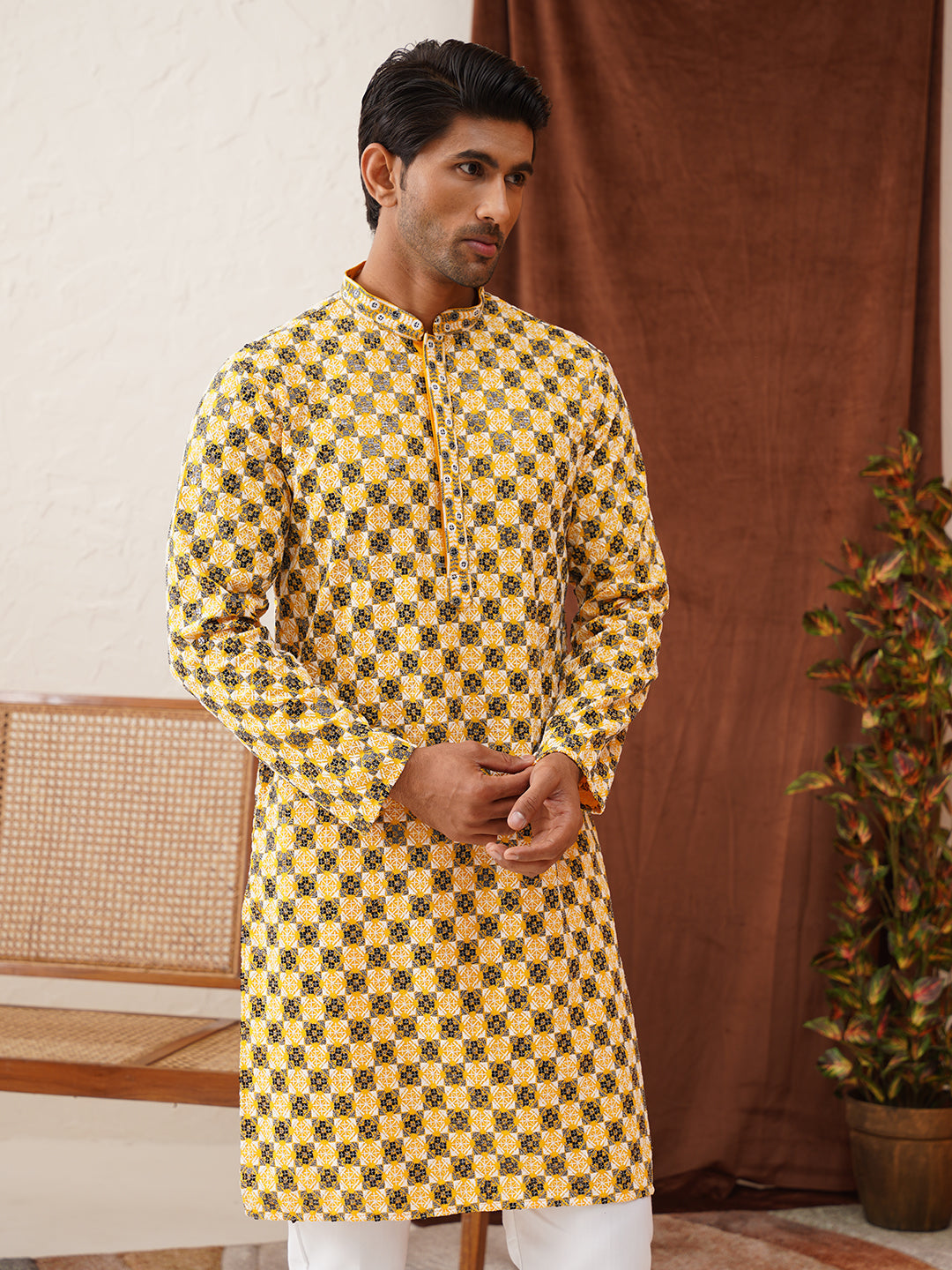 DesiQlo Men Embroidered Kurta Only - Yellow - KO_5129Lemon_S