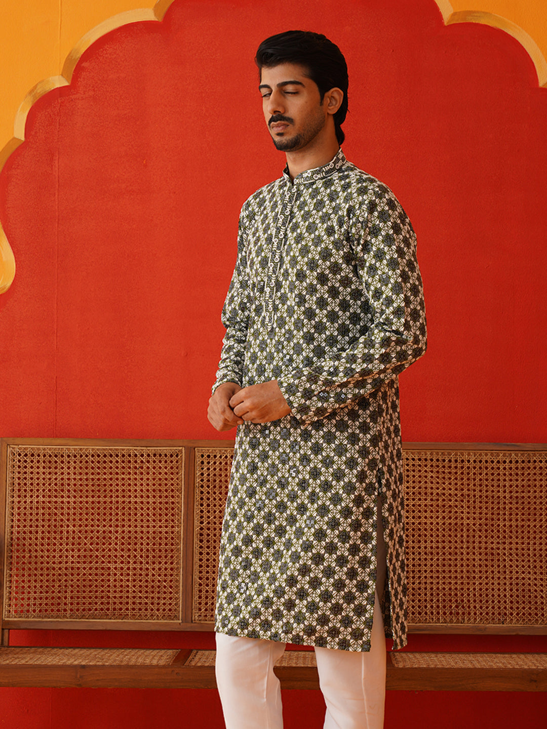 DesiQlo Men Embroidered Kurta Only - Green - KO_5129Olive_S