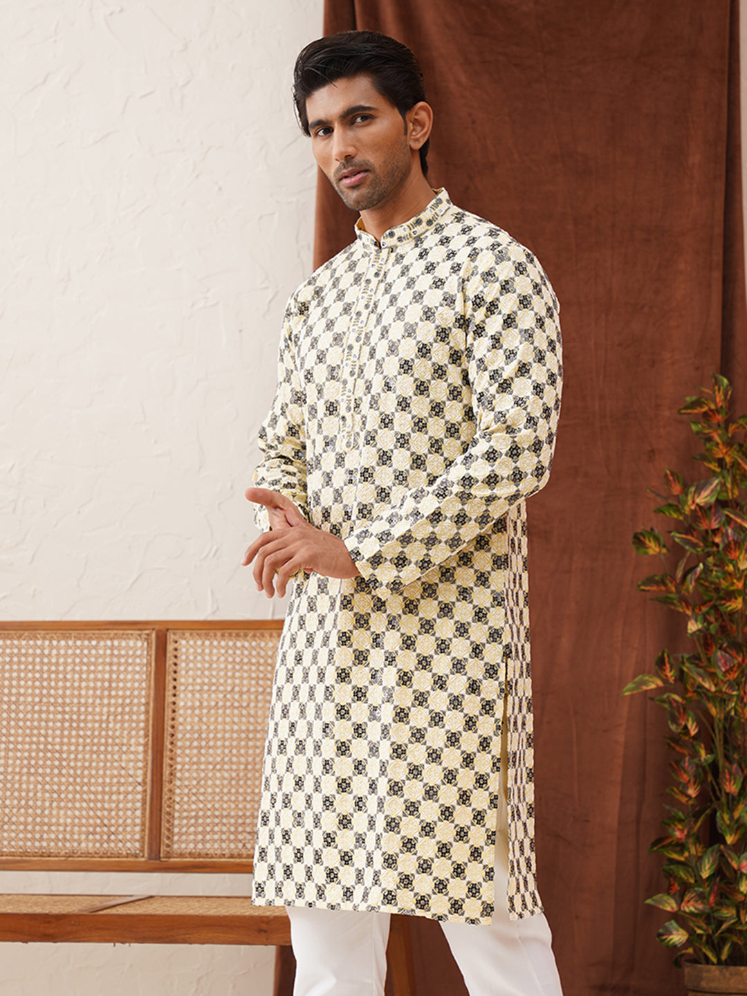 DesiQlo Men Embroidered Kurta Only - Yellow - KO_5129Yellow_S