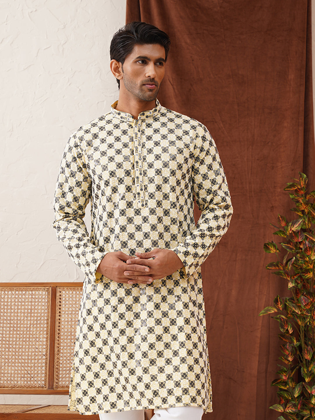 DesiQlo Men Embroidered Kurta Only - Yellow - KO_5129Yellow_S