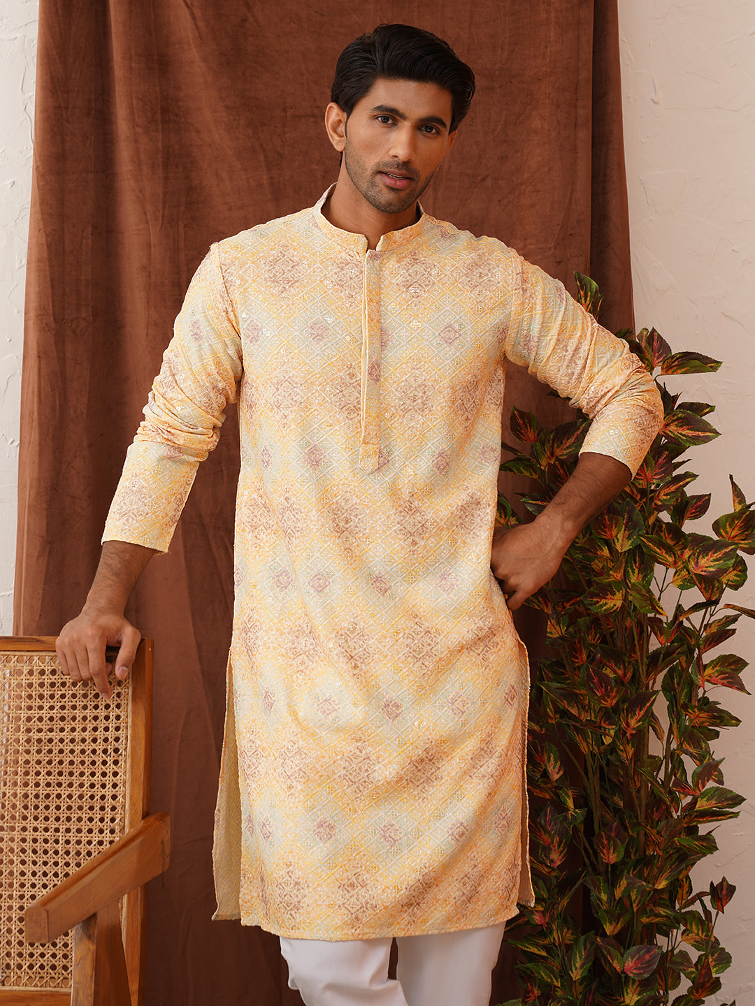 DesiQlo Men Embroidered Kurta Only - Yellow - KO_5130Yellow_S