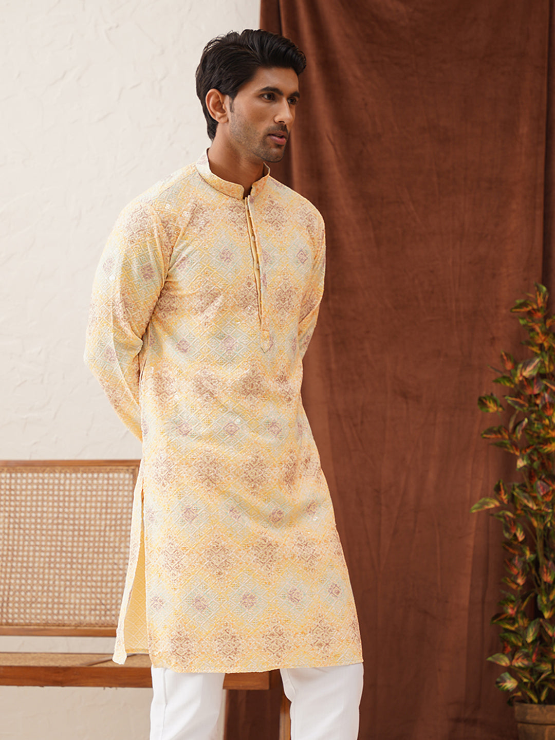 DesiQlo Men Embroidered Kurta Only - Yellow - KO_5130Yellow_S