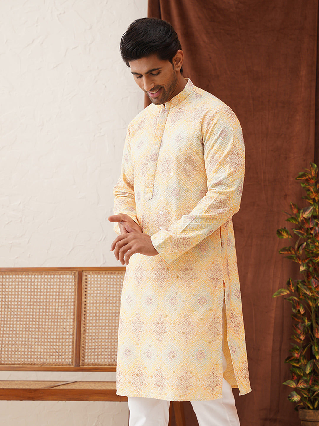 DesiQlo Men Embroidered Kurta Only - Yellow - KO_5130Yellow_S
