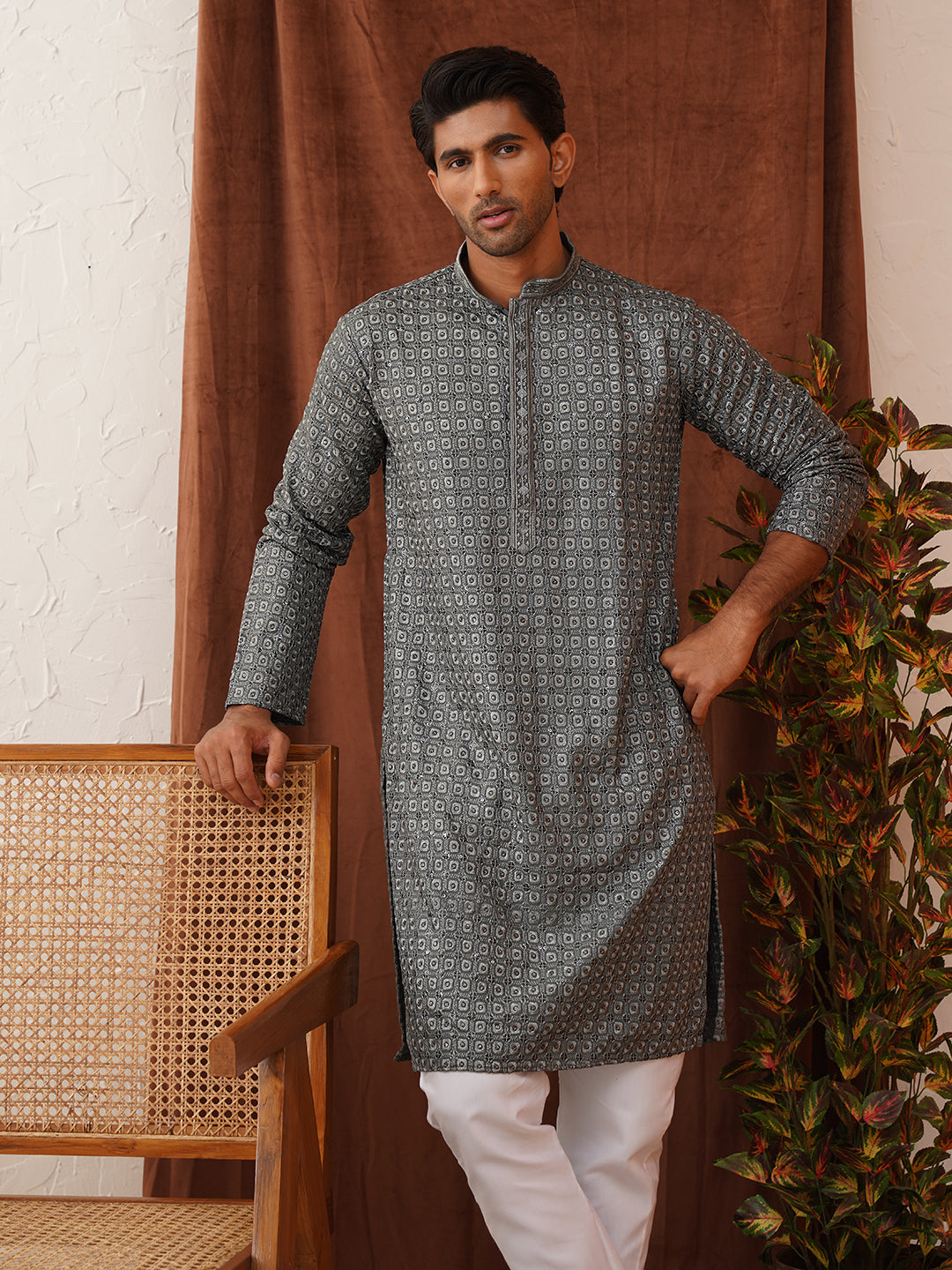 DesiQlo Men Embroidered Kurta Only - Grey - KO_5131Grey_S