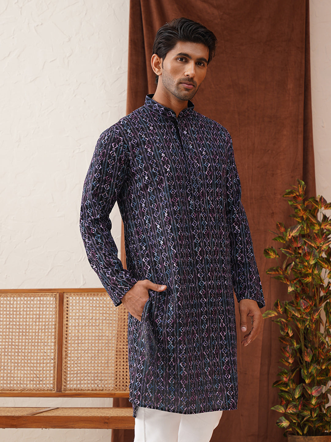 DesiQlo Men Embroidered Kurta Only - Blue - KO_5133Navy_S