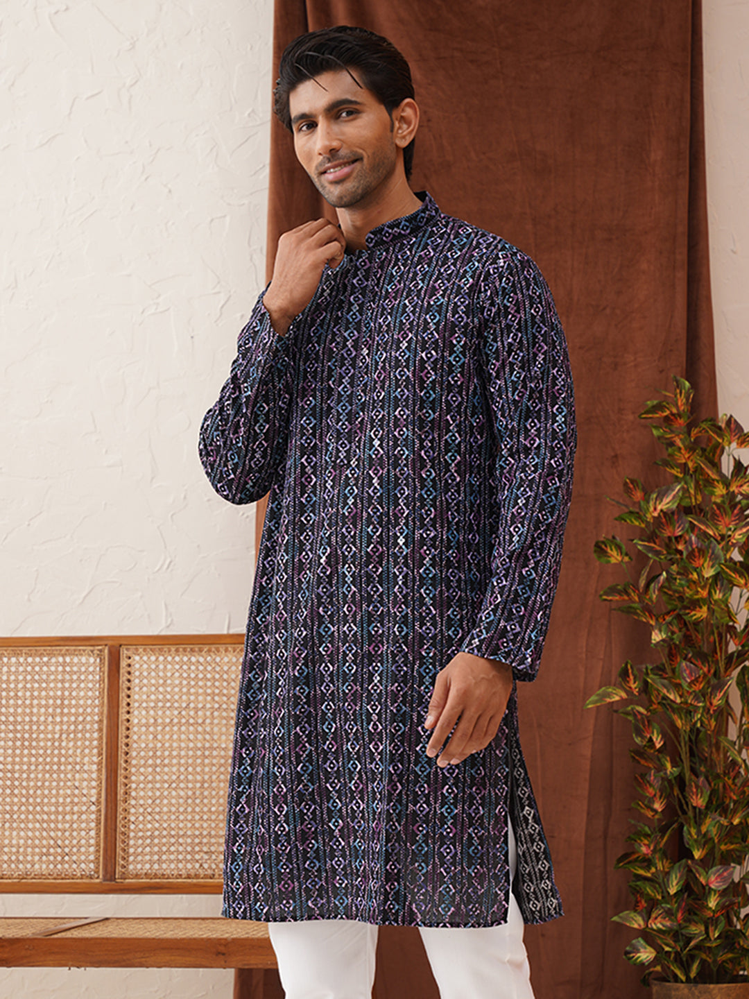 DesiQlo Men Embroidered Kurta Only - Blue - KO_5133Navy_S