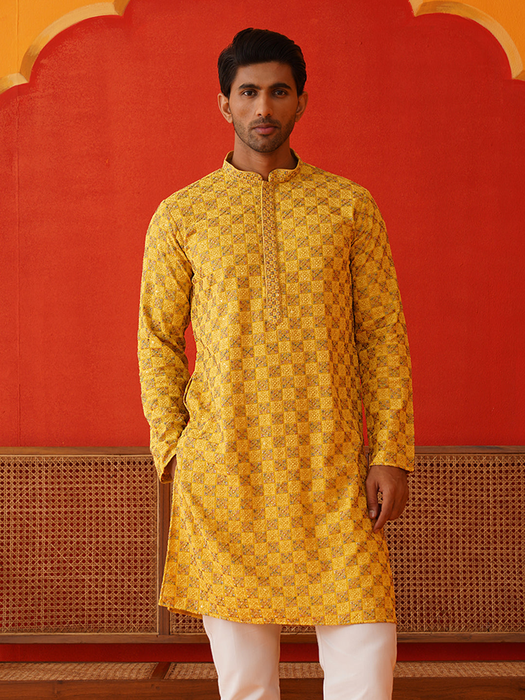 DesiQlo Men Embroidered Kurta Only - Yellow - KO_5135Mustard_S