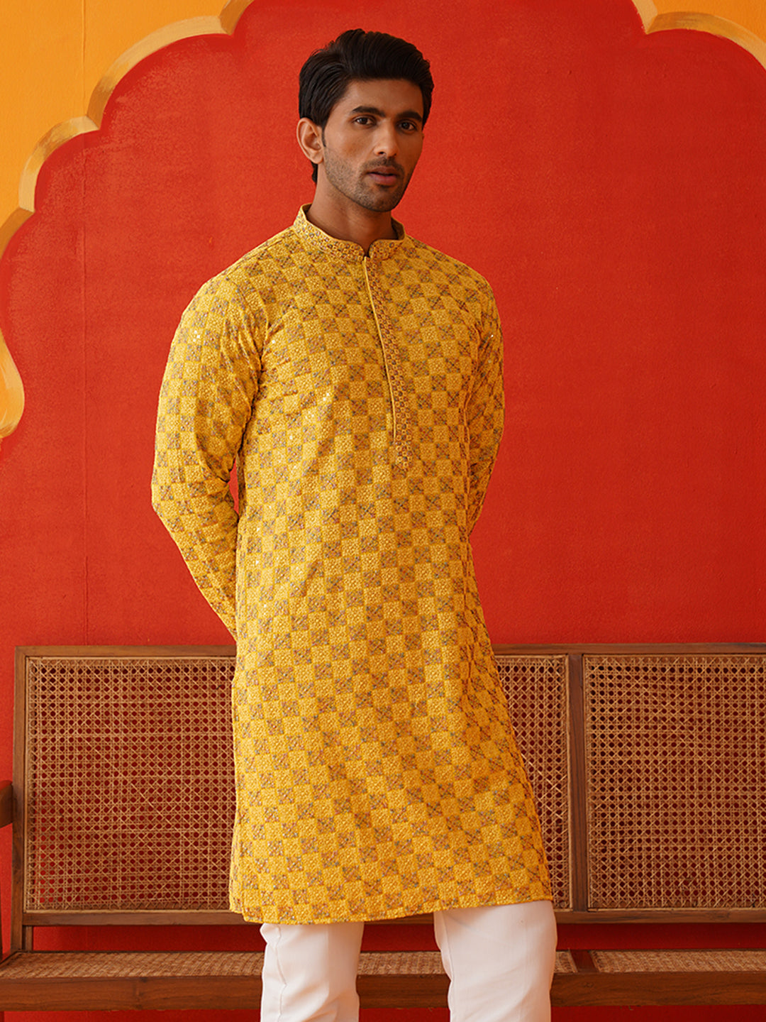 DesiQlo Men Embroidered Kurta Only - Yellow - KO_5135Mustard_S
