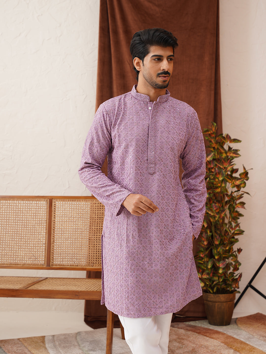 DesiQlo Men Embroidered Kurta Only - Purple - KO_5135Purple_S