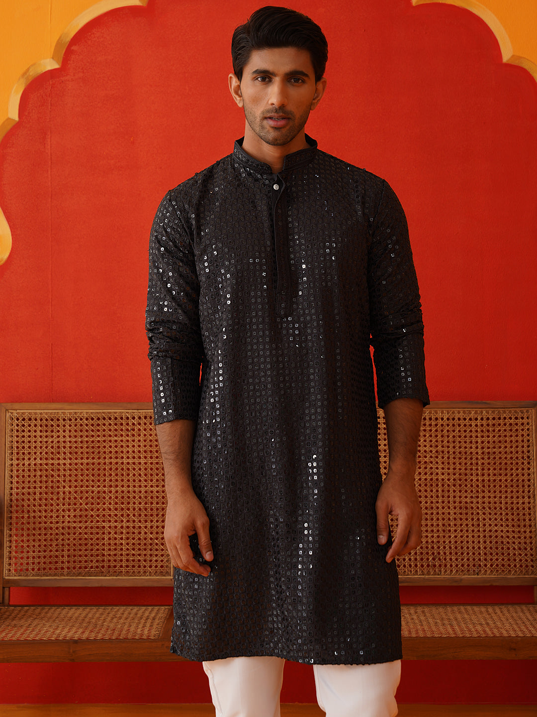 Men's Embroidered & Sequence Kurtas ( KO 5136Black ) [FF] [C-3]