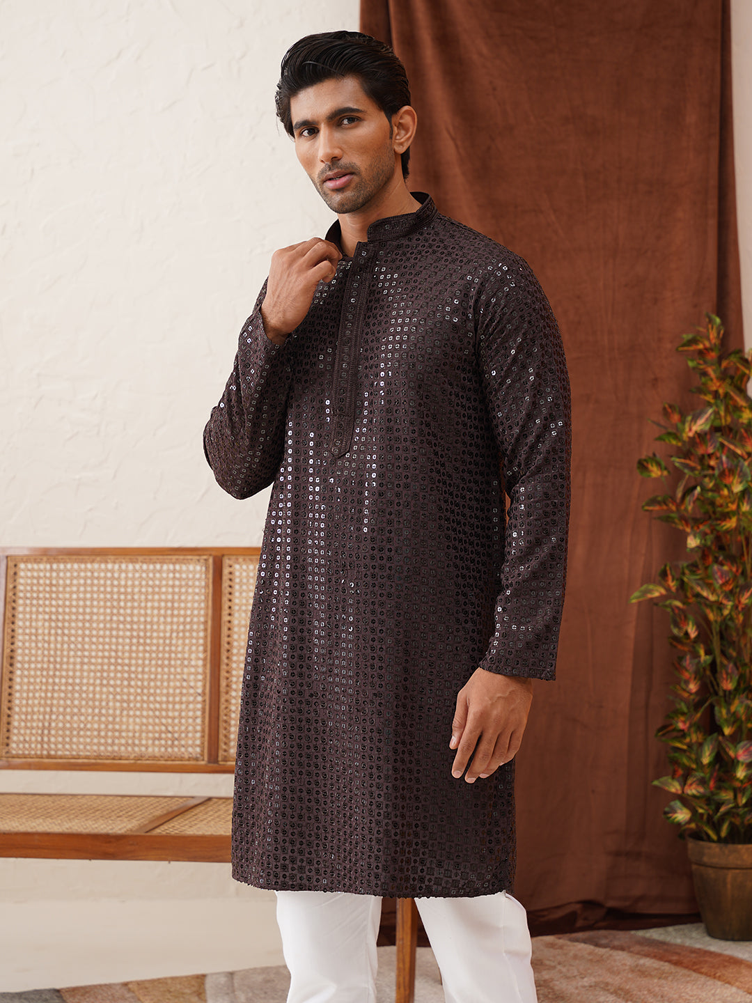 Men's Embroidered & Sequence Kurtas ( KO 5136Coffee ) [FF] [C-3]
