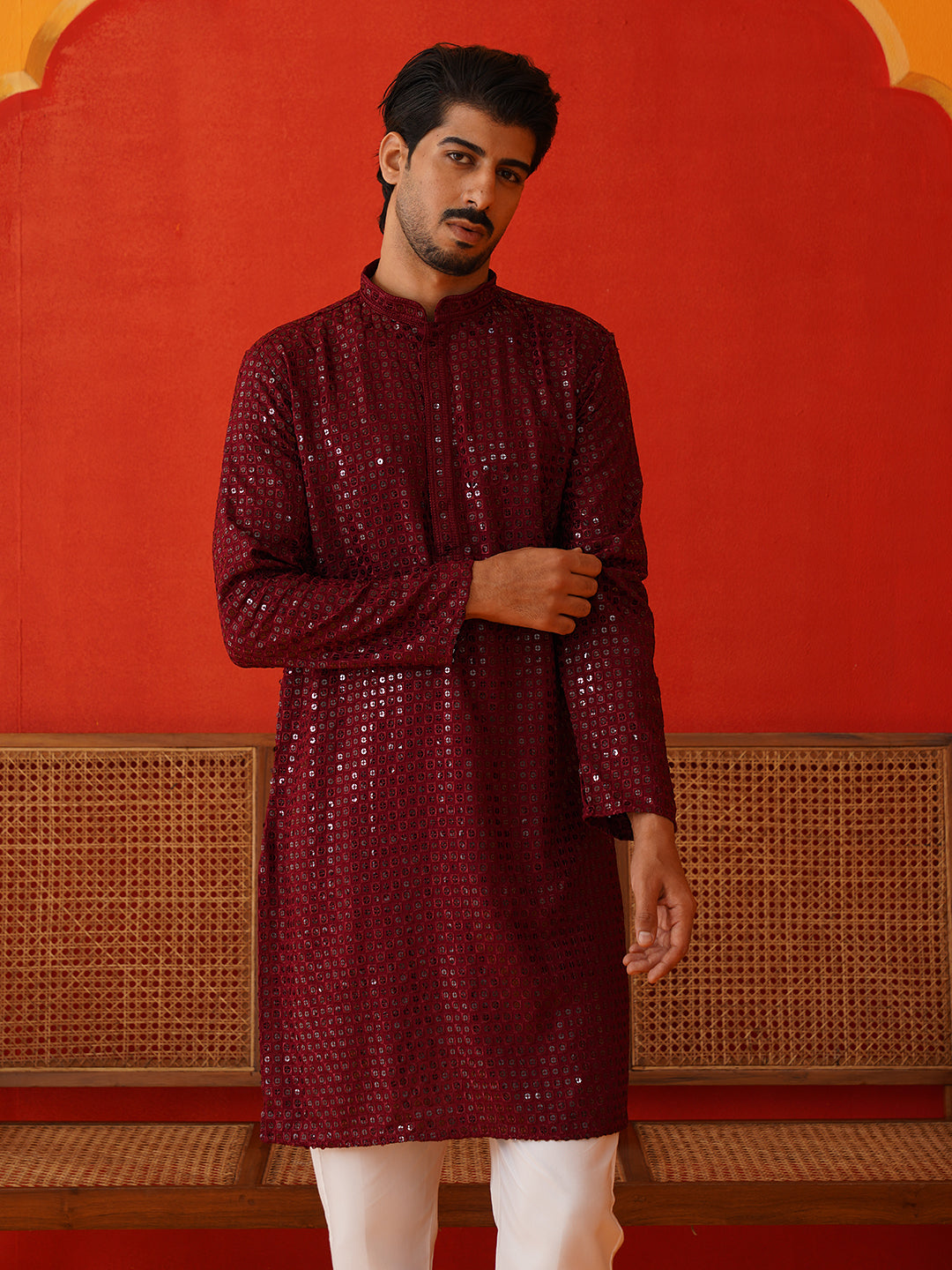 Men's Embroidered & Sequence Kurtas ( KO 5136Maroon ) [FF] [C-3]