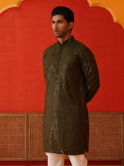 Men's Embroidered & Sequence Kurtas ( KO 5136Olive ) [FF] [C-3]