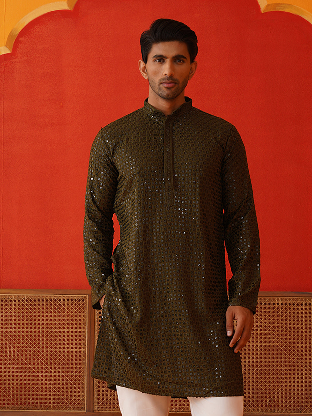 DesiQlo Men Embroidered Kurta Only - Green - KO_5136Olive_S