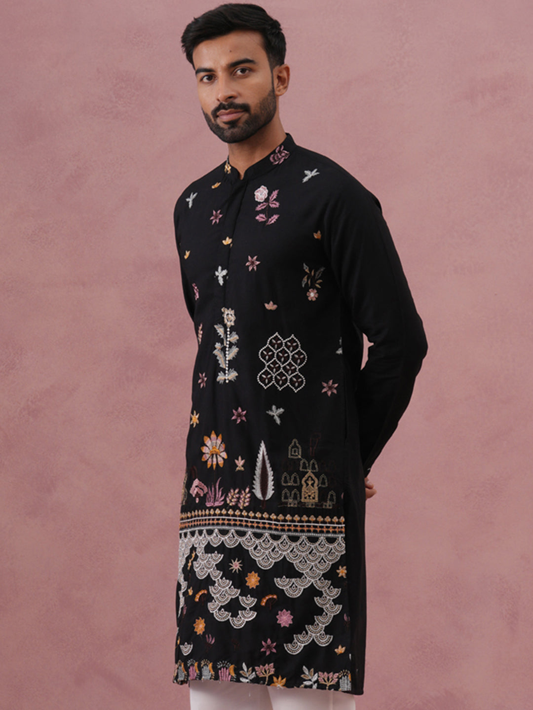 DesiQlo Men Embroidered Kurta Only - Black - KO_5140Black_S
