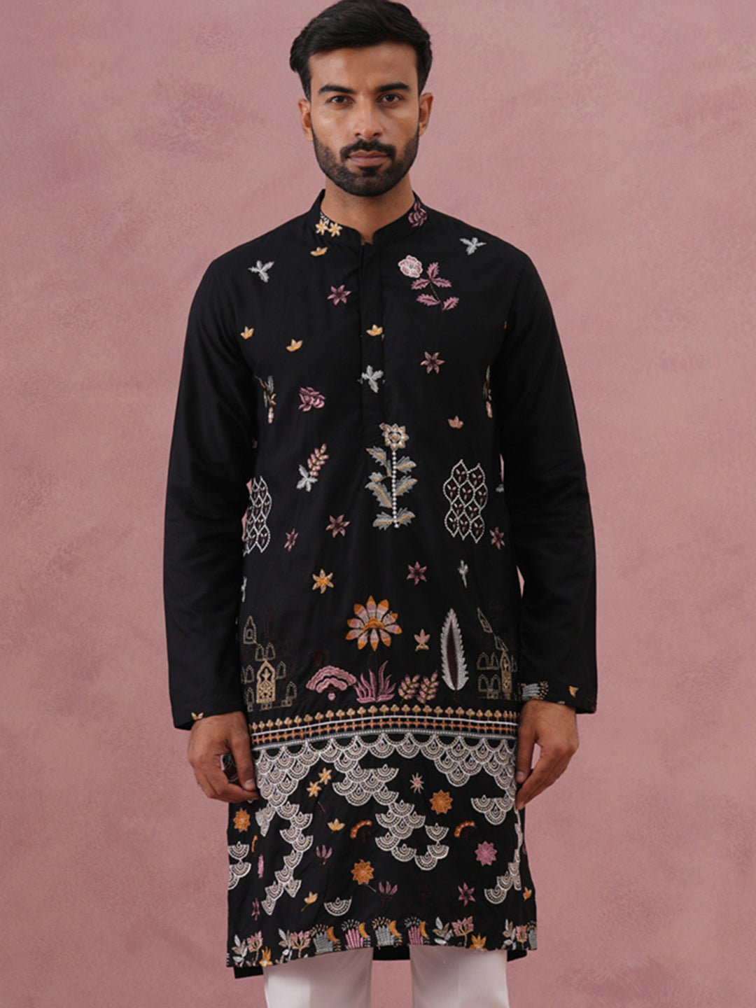 DesiQlo Men Embroidered Kurta Only - Black - KO_5140Black_S