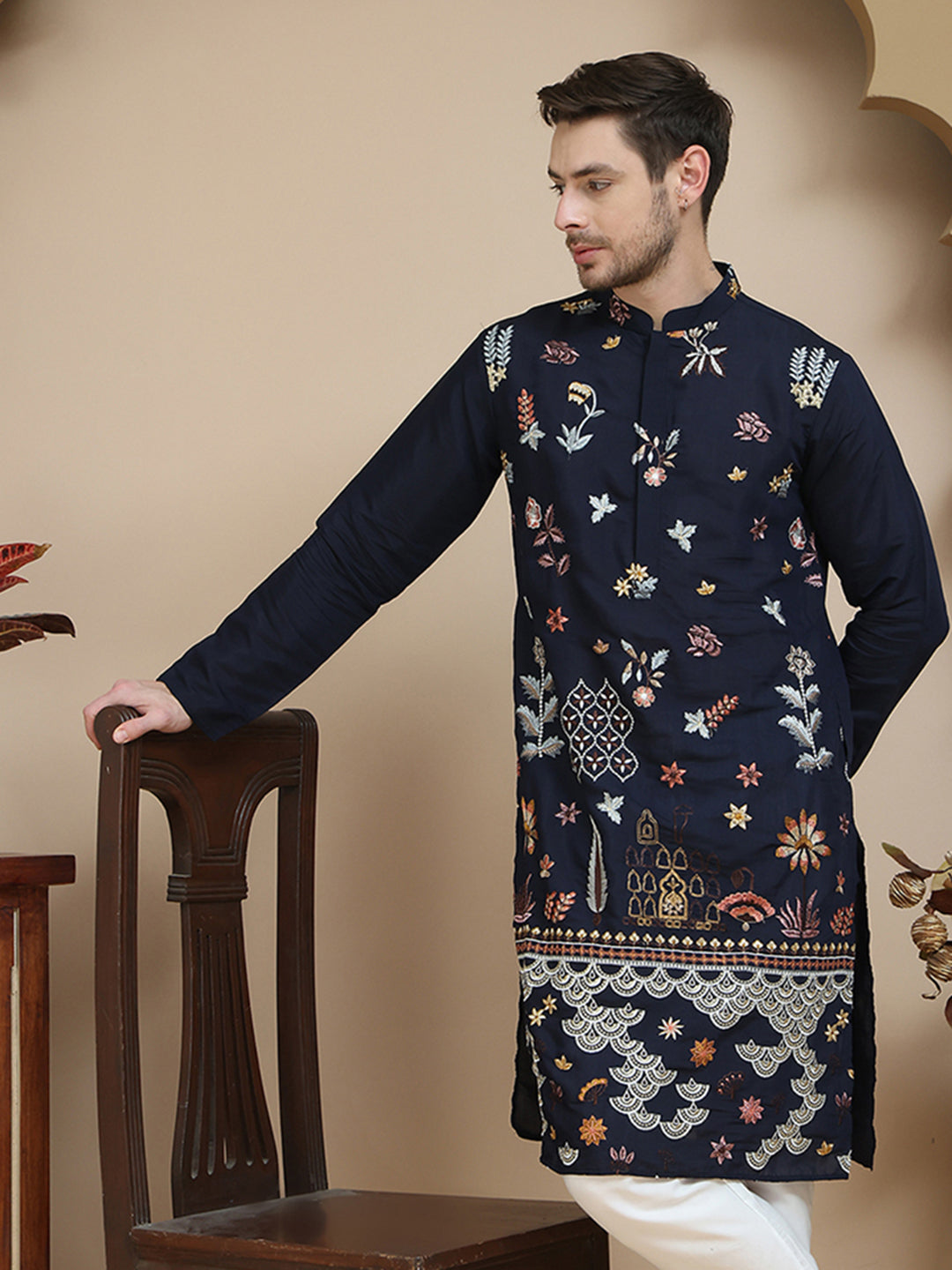 DesiQlo Men Embroidered Kurta Only - Blue - KO_5140Navy_S