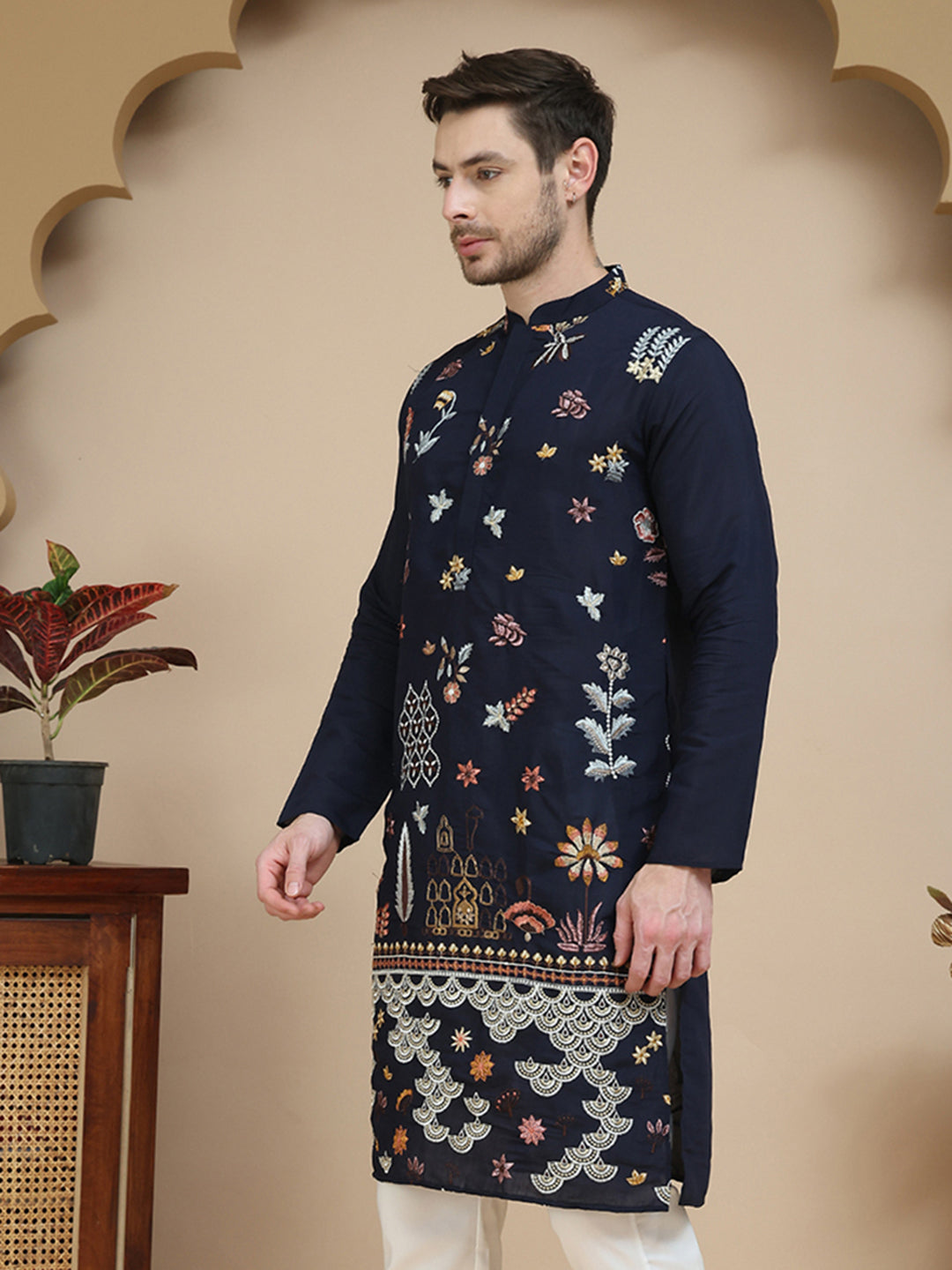DesiQlo Men Embroidered Kurta Only - Blue - KO_5140Navy_S