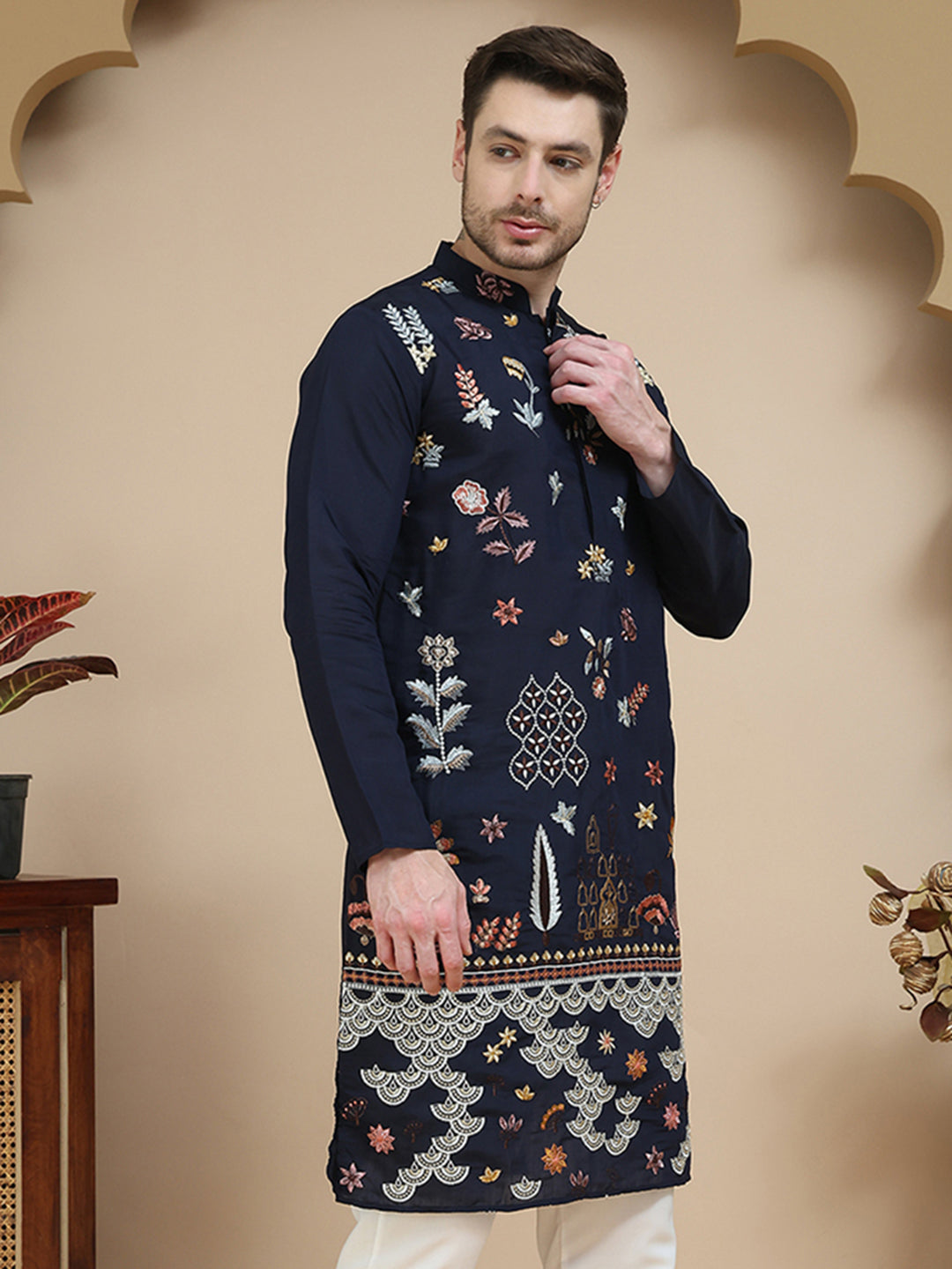 DesiQlo Men Embroidered Kurta Only - Blue - KO_5140Navy_S