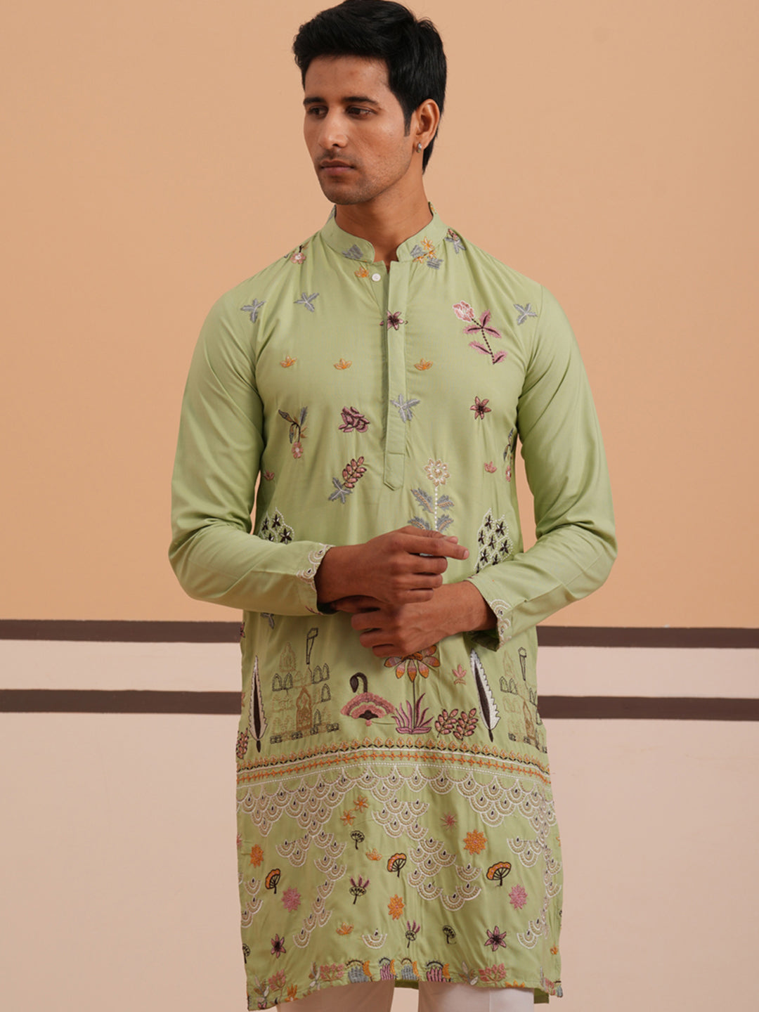 DesiQlo Men Embroidered Kurta Only - Green - KO_5140Pista_S