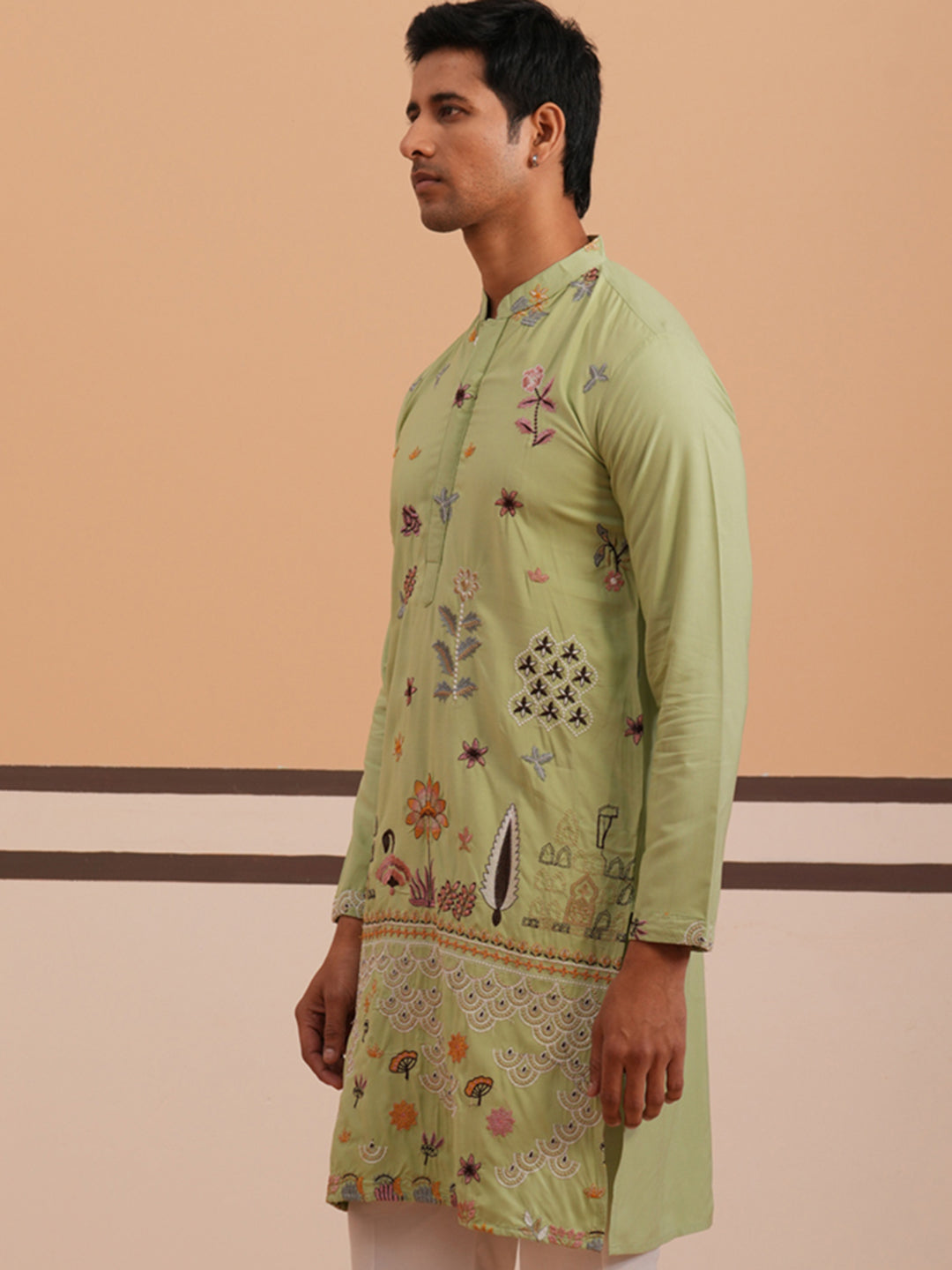DesiQlo Men Embroidered Kurta Only - Green - KO_5140Pista_S