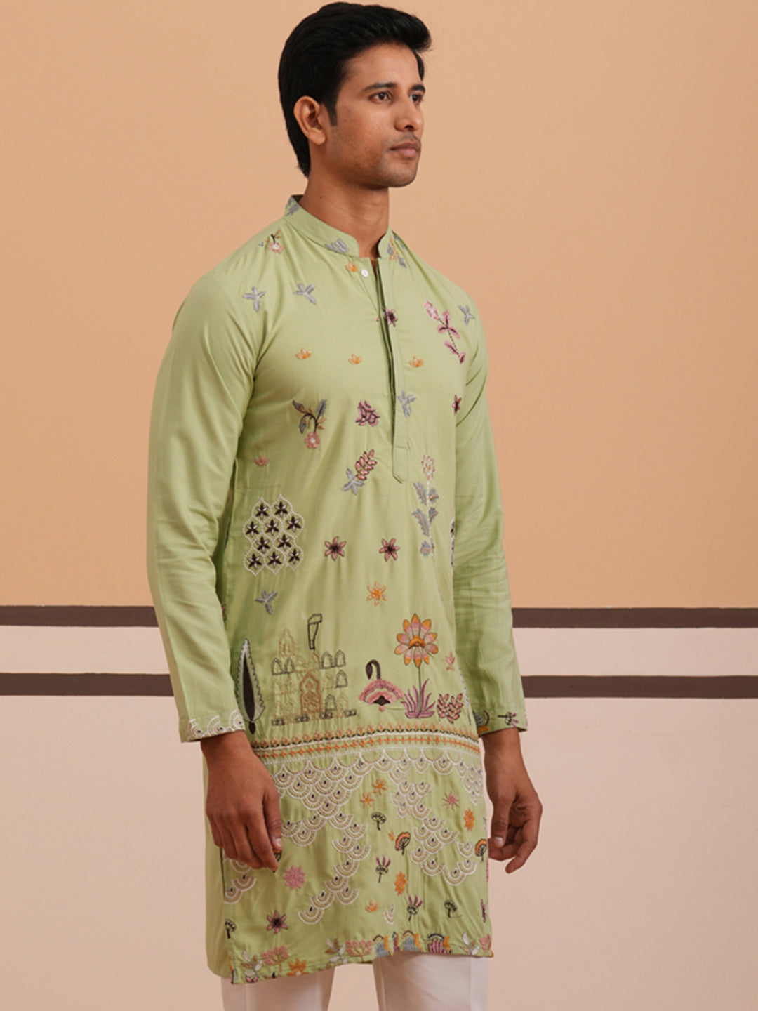 DesiQlo Men Embroidered Kurta Only - Green - KO_5140Pista_S