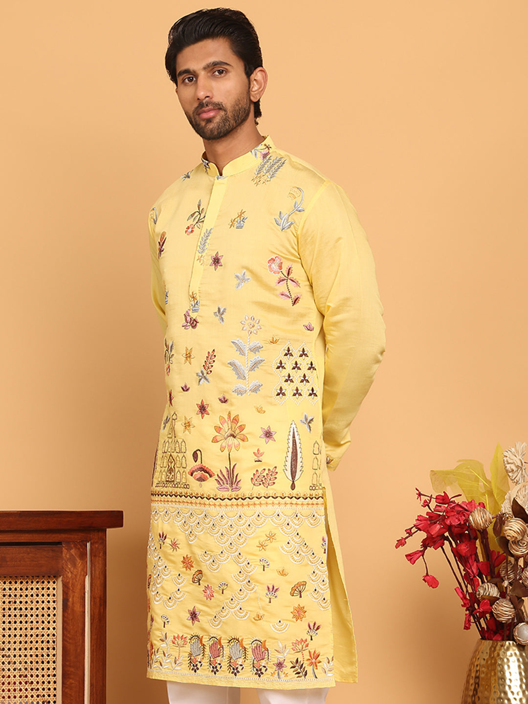 DesiQlo Men Embroidered Kurta Only - Yellow - KO_5140Yellow_S