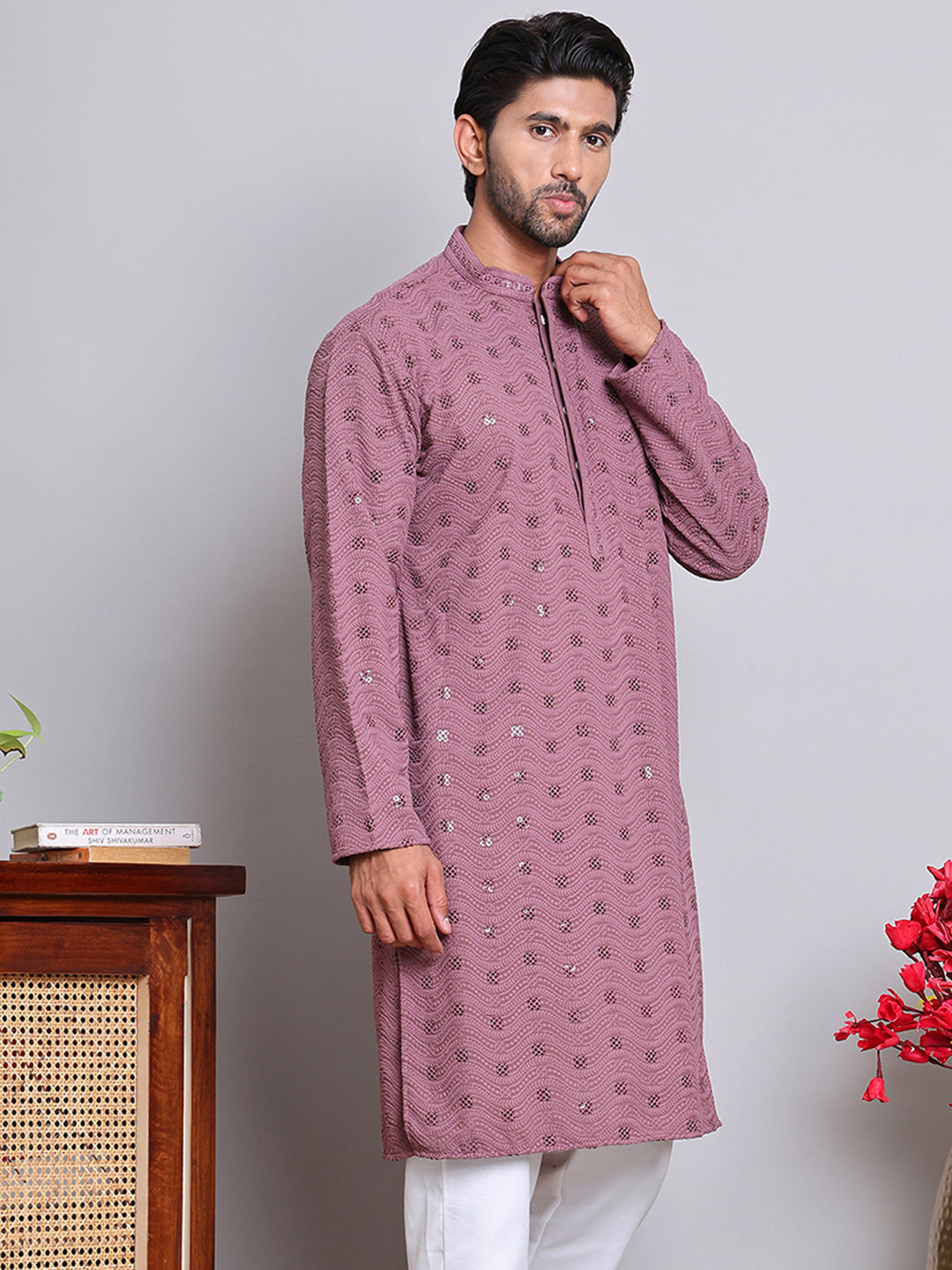 DesiQlo Men Embroidered Kurta Only - Pink - KO_5145Magenta_S